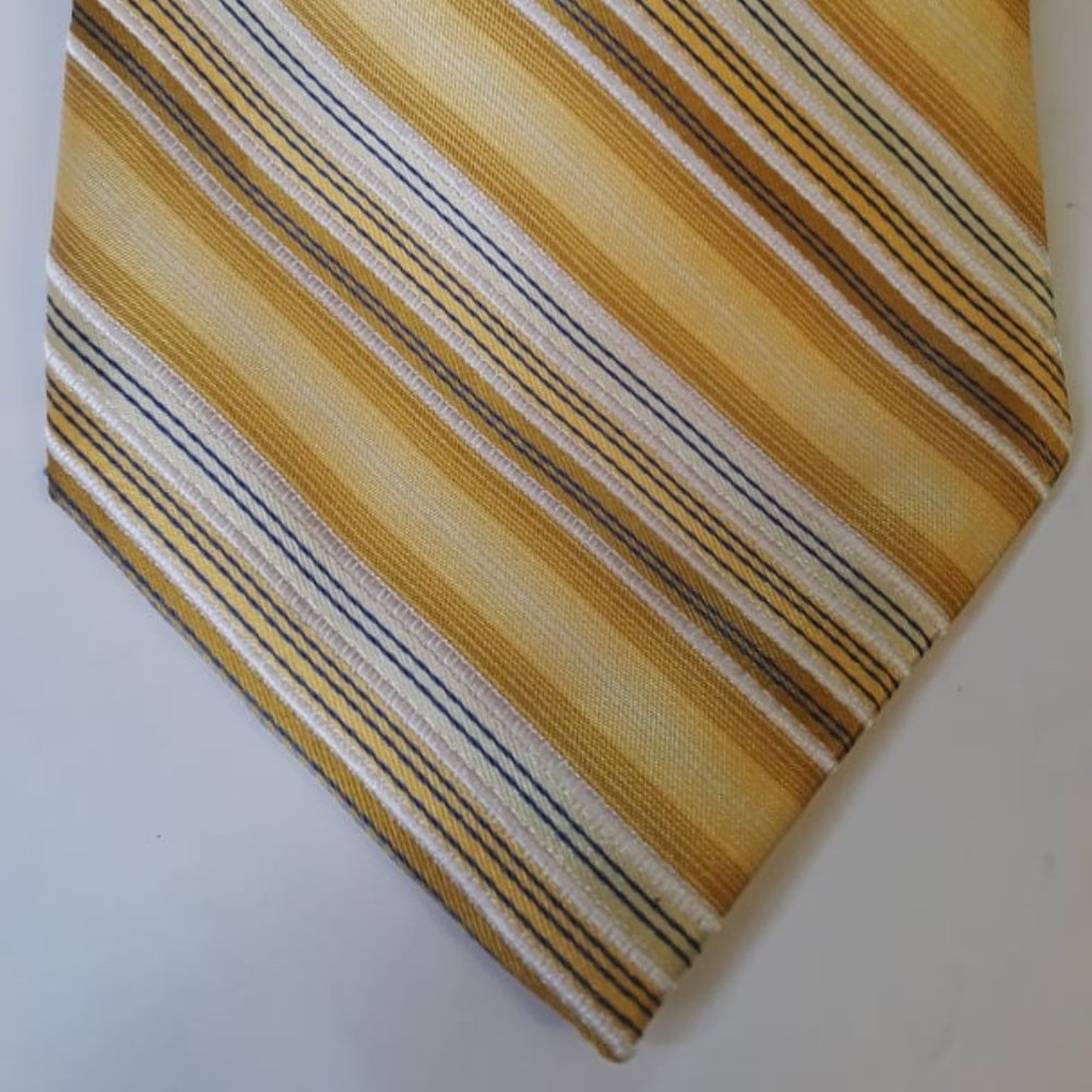 BRUNO PIRTTELLI - 100% SILK NECKTIE - GOLDEN WITH WHITE AND ORANGE STRIPES